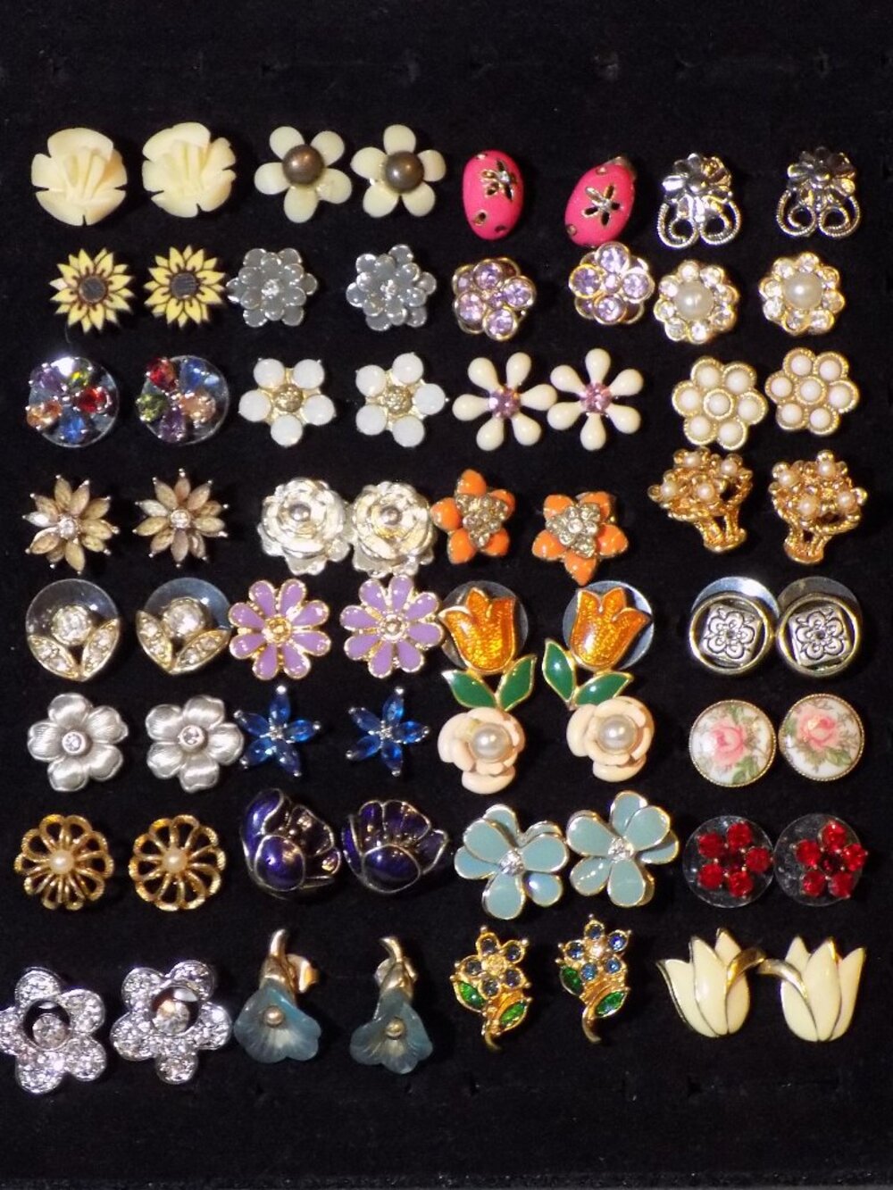 Lot 32 Pairs Flower Stud Earrings Bundle.  Vintage, Signed, 925, Crystal, Enamel
